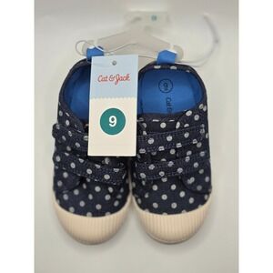 Cat & Jack Toddler Navy Blue Polka Dot Denim Sneakers Double Strap Size 9 NEW